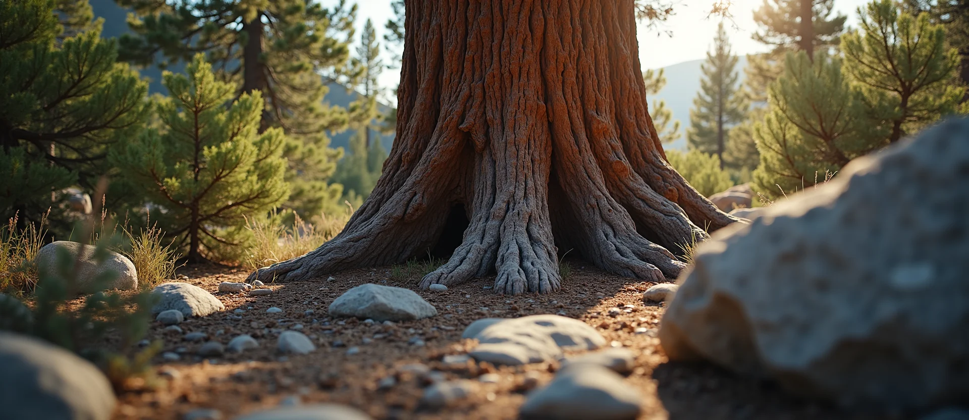 Symbolizing Growth/Resilience: A local Sierra Juniper sturdy weathered tree trunk. - AI Generated