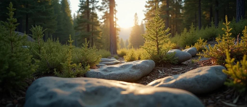 Symbolizing Flow/Cleansing: A local Sierra Juniper smooth Truckee river stones. - AI Generated