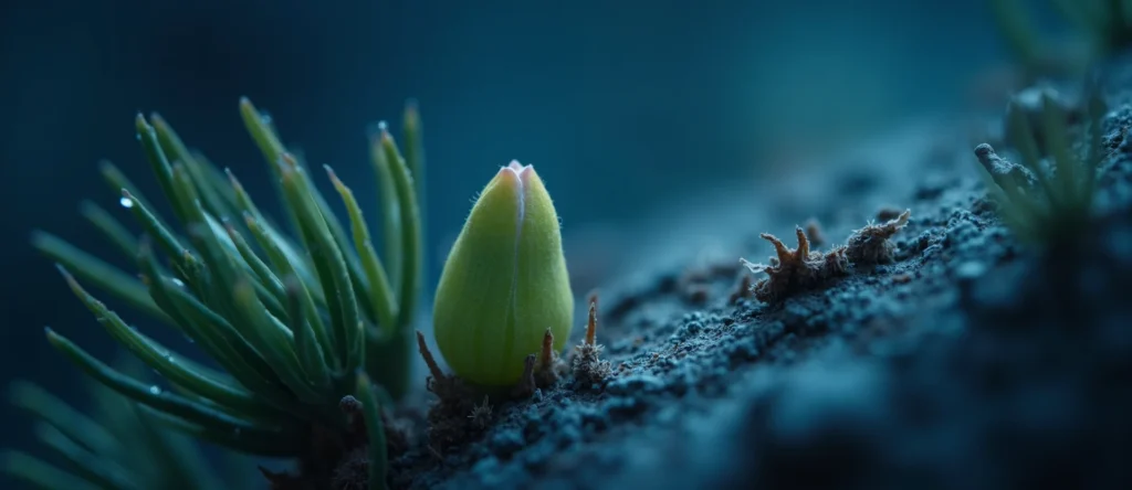 Symbolizing Seed/New Beginning: A local Desert Peach new green bud on a branch. - AI Generated