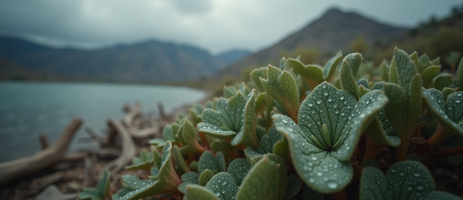 Symbolizing Flow/Cleansing: A local Desert Peach raindrops on desert leaves. - AI Generated