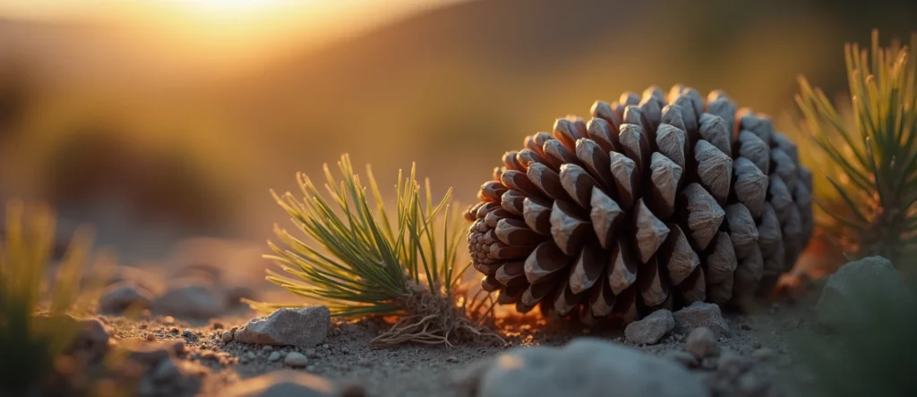Symbolizing Seed/New Beginning: A local Desert Peach opening pine cone. - AI Generated