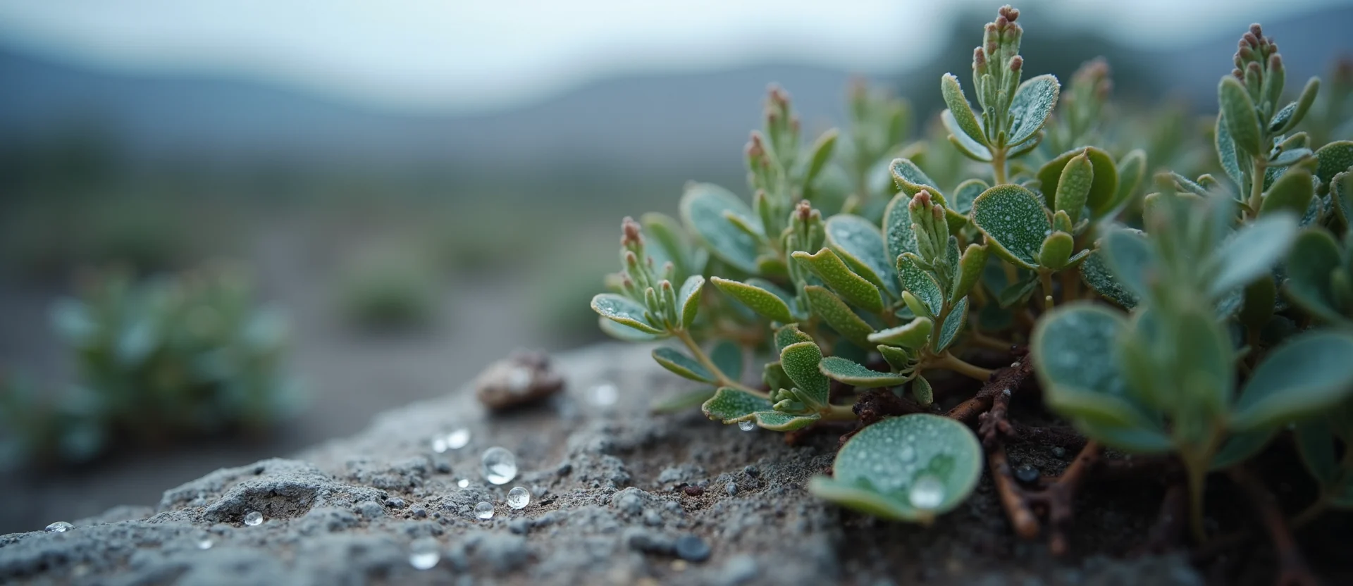 Symbolizing Flow/Cleansing: A local Manzanita raindrops on desert leaves. - AI Generated
