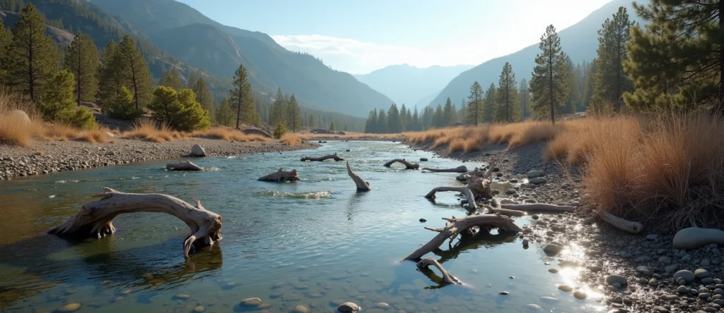 Symbolizing Flow/Cleansing: A local Sierra Juniper clear cold snowmelt stream. - AI Generated
