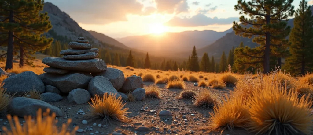 Symbolizing Stability/Peak: A local Ponderosa Pine ancient rock cairn. - AI Generated
