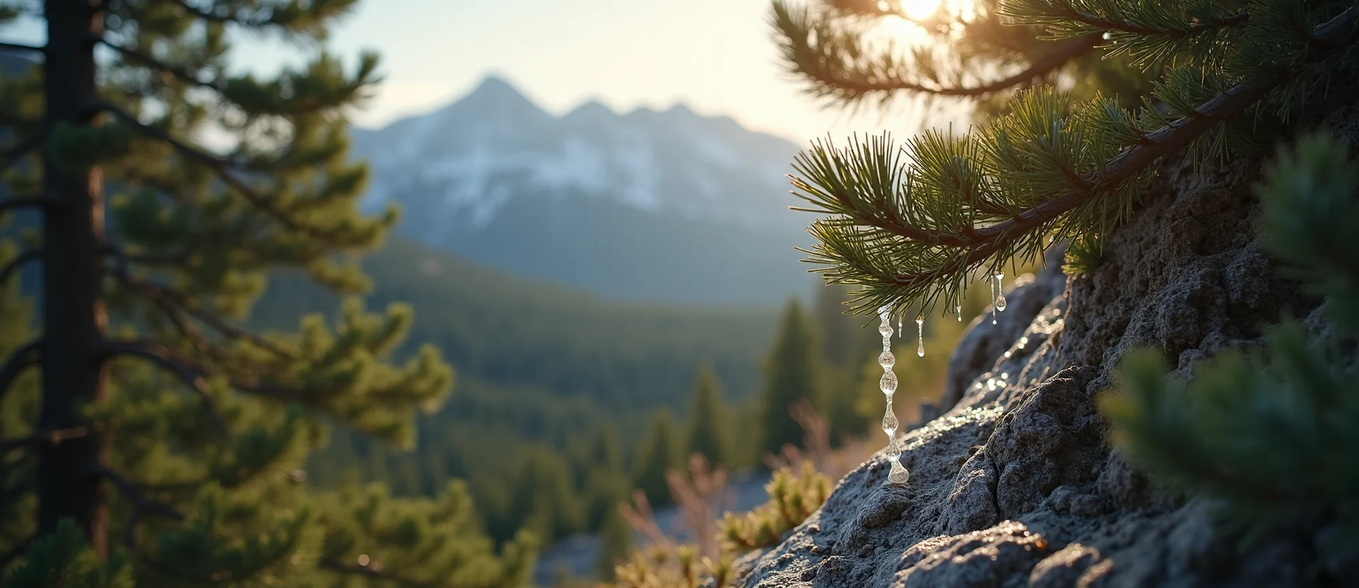 Symbolizing Flow/Cleansing: A local Ponderosa Pine raindrops on desert leaves. - AI Generated