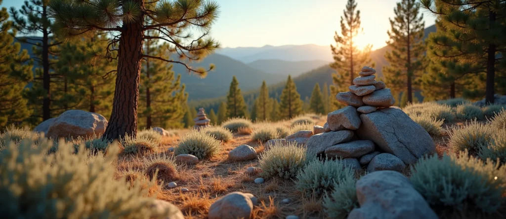 Symbolizing Stability/Peak: A local Ponderosa Pine ancient rock cairn. - AI Generated