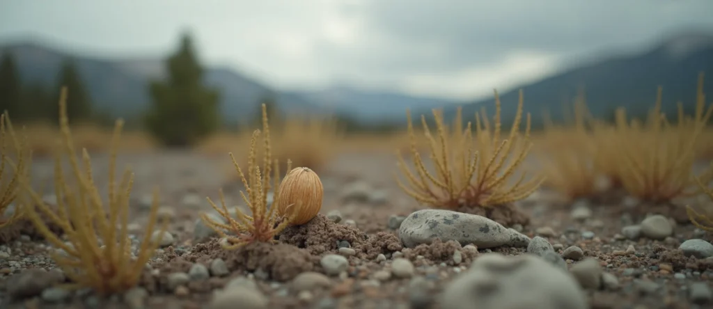Symbolizing Seed/New Beginning: A local Indian Paintbrush single pine seed on dry earth. - AI Generated
