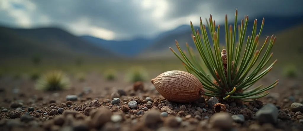 Symbolizing Seed/New Beginning: A local Rabbitbrush single pine seed on dry earth. - AI Generated