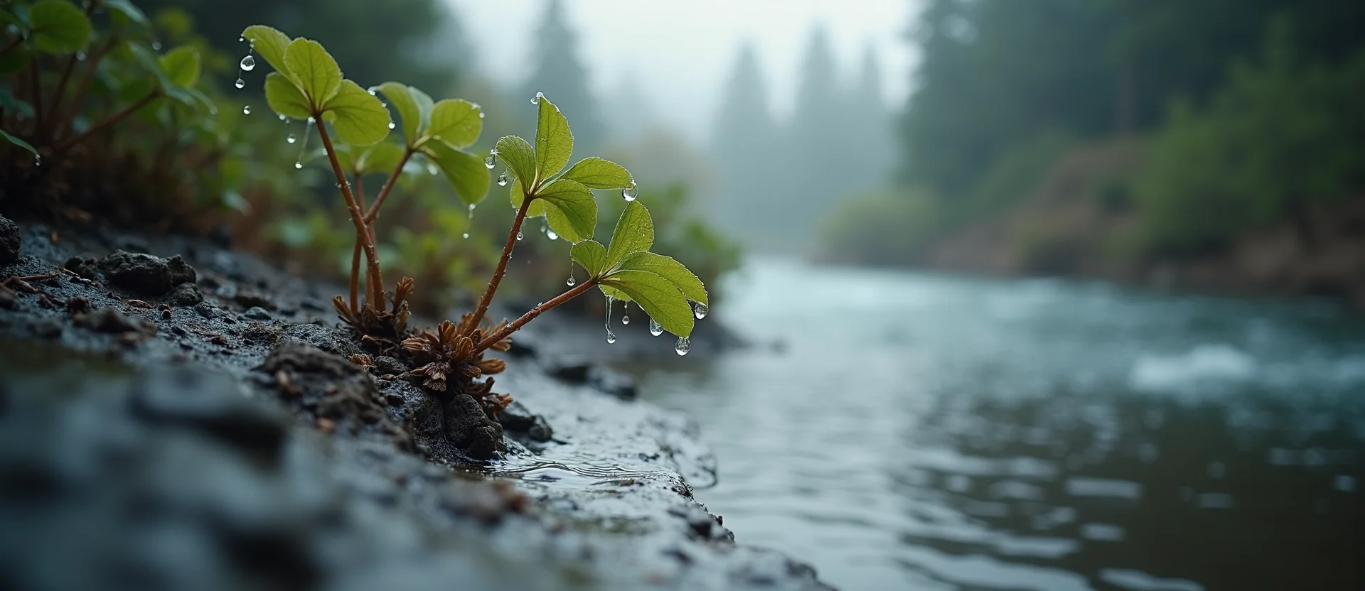 Symbolizing Flow/Cleansing: A local Desert Peach raindrops on desert leaves. - AI Generated