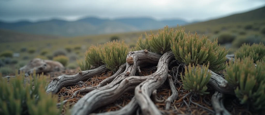 Symbolizing Growth/Resilience: A local Rabbitbrush gnarled juniper roots. - AI Generated