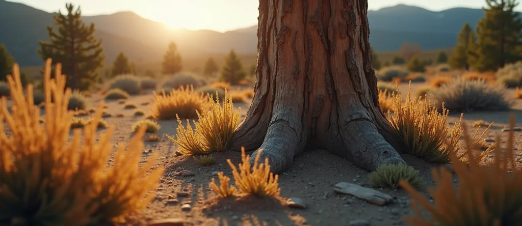 Symbolizing Growth/Resilience: A local Indian Paintbrush sturdy weathered tree trunk. - AI Generated