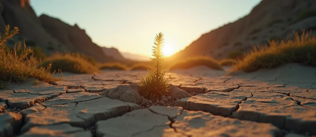Symbolizing Seed/New Beginning: A local Rabbitbrush shoot emerging from cracked soil. - AI Generated