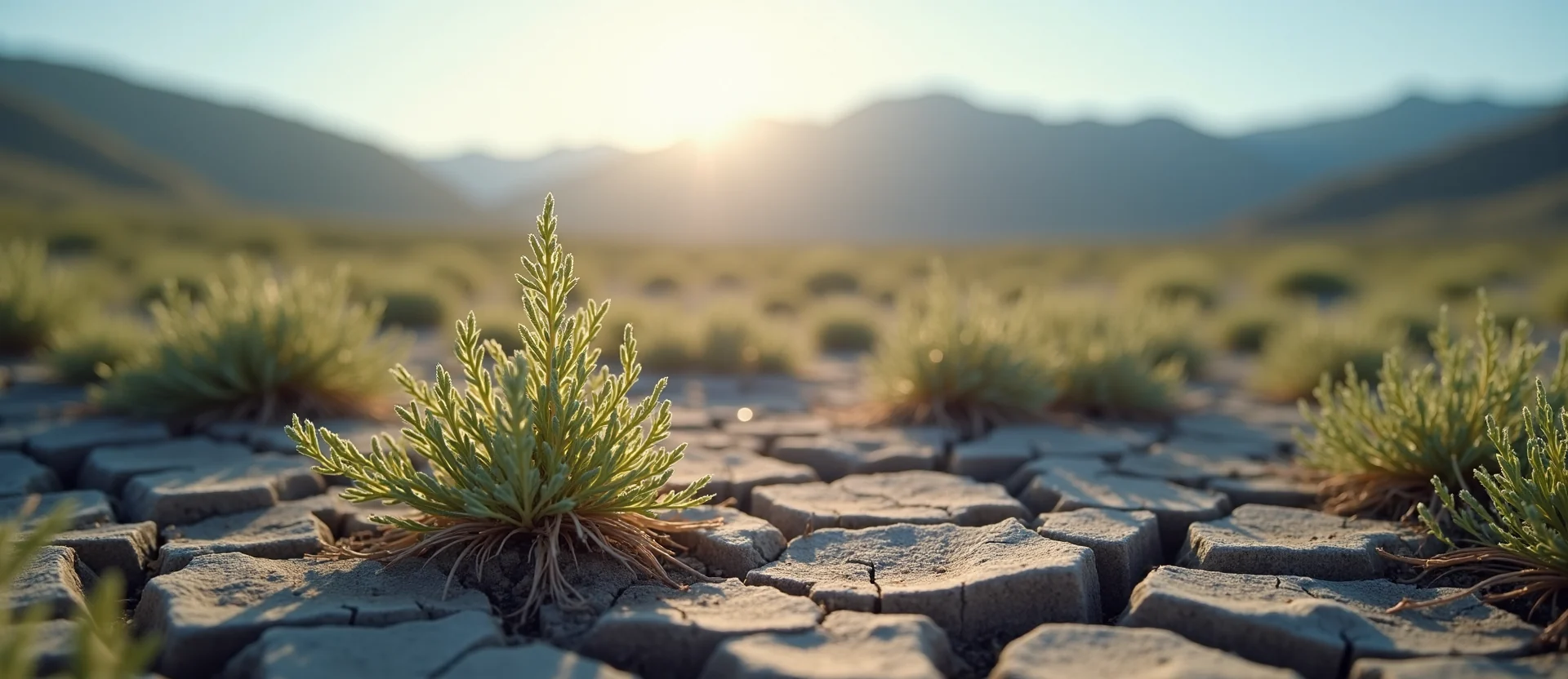 Symbolizing Seed/New Beginning: A local Sagebrush (Artemisia tridentata) shoot emerging from cracked soil. - AI Generated