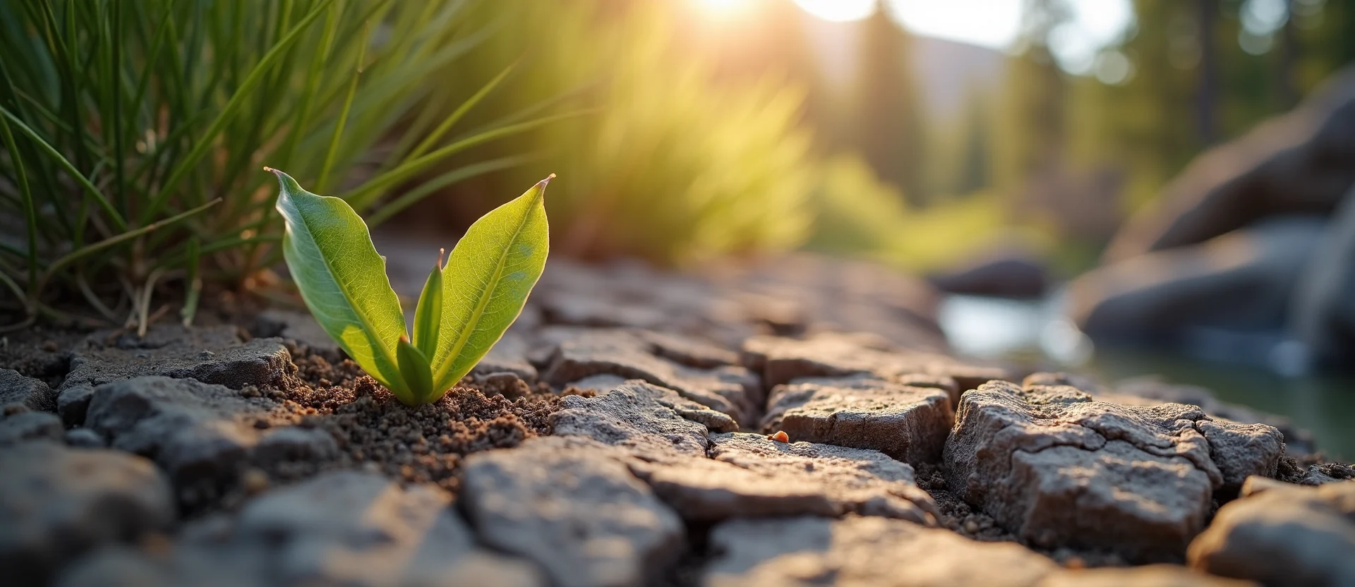 Symbolizing Seed/New Beginning: A local Desert Peach shoot emerging from cracked soil. - AI Generated