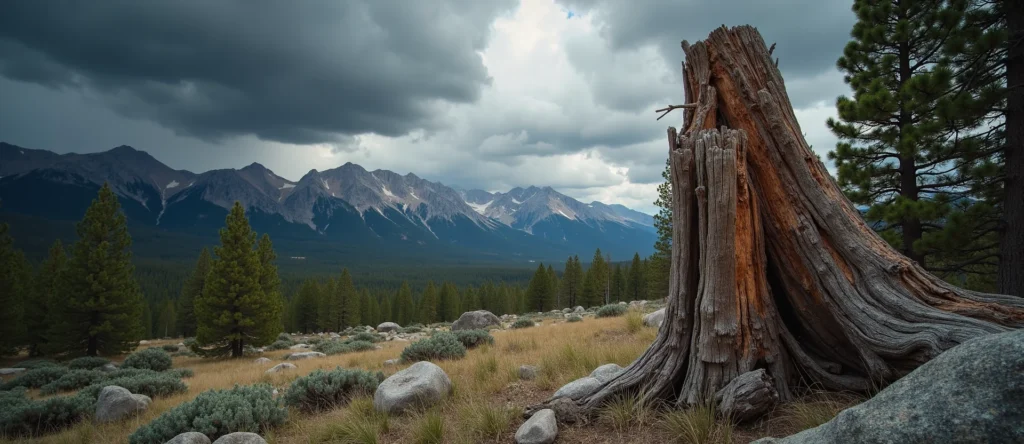 Symbolizing Growth/Resilience: A local Ponderosa Pine sturdy weathered tree trunk. - AI Generated