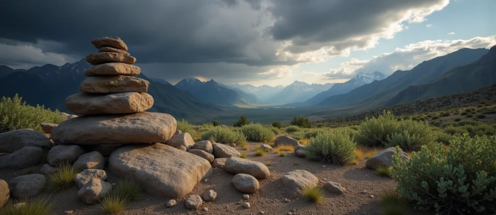 Symbolizing Stability/Peak: A local Desert Peach ancient rock cairn. - AI Generated