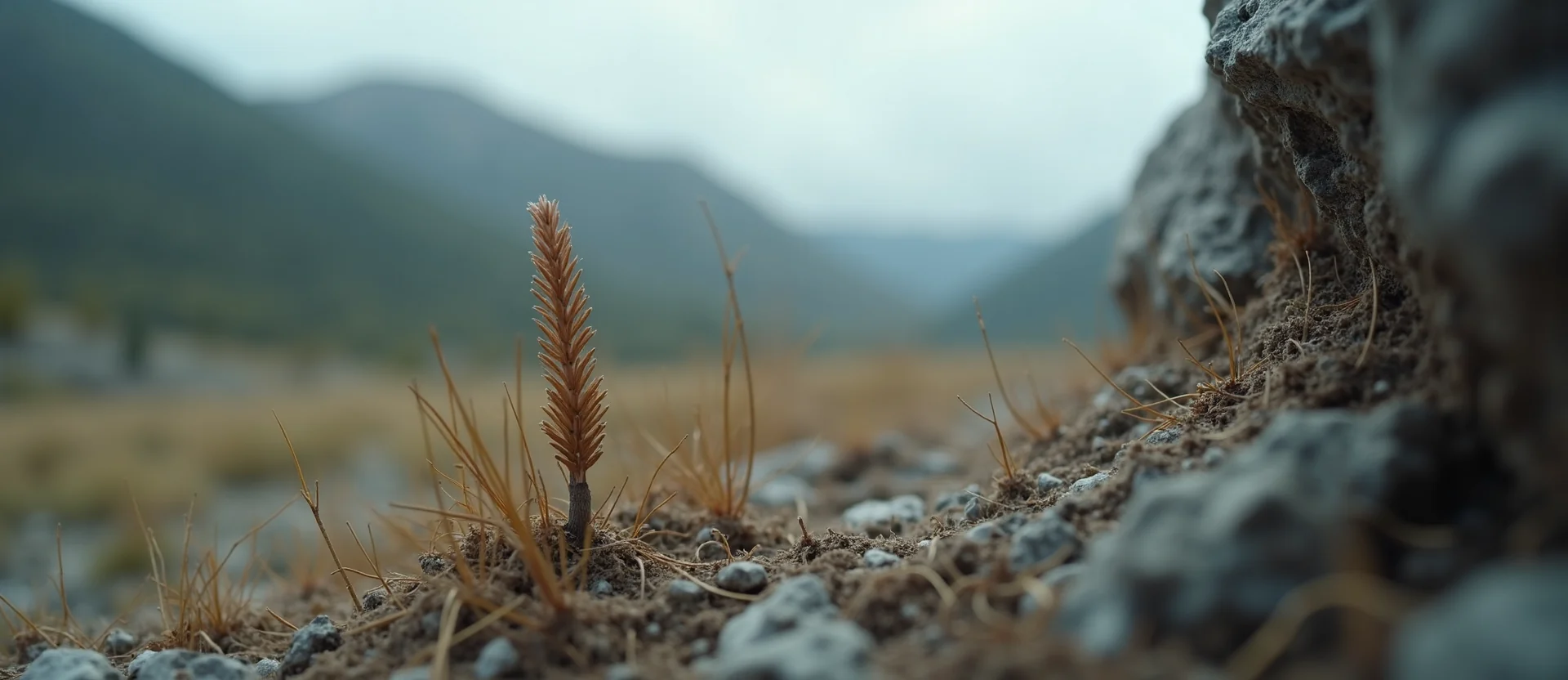 Symbolizing Seed/New Beginning: A local Indian Paintbrush single pine seed on dry earth. - AI Generated