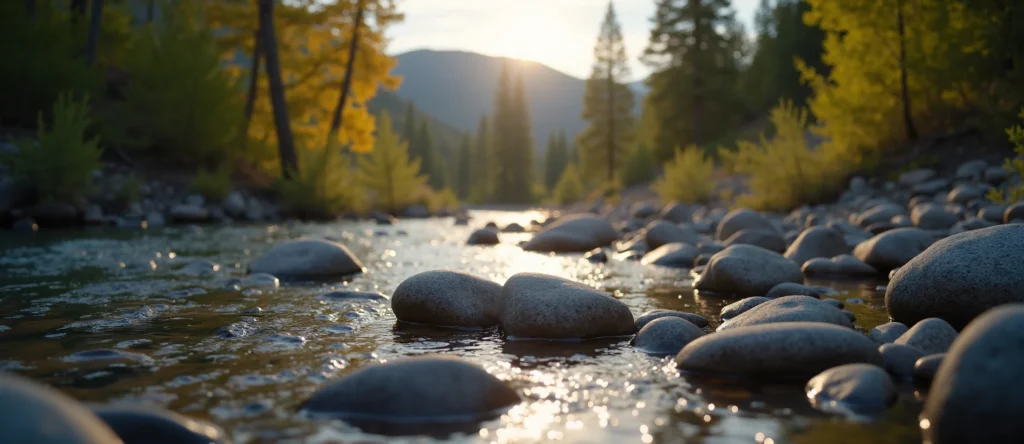 Symbolizing Flow/Cleansing: A local Sierra Juniper smooth Truckee river stones. - AI Generated