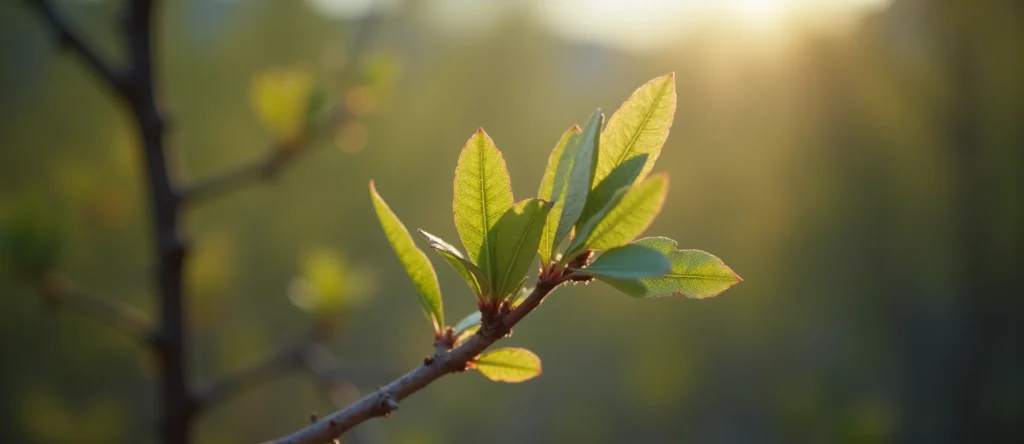Symbolizing Seed/New Beginning: A local Manzanita new green bud on a branch. - AI Generated