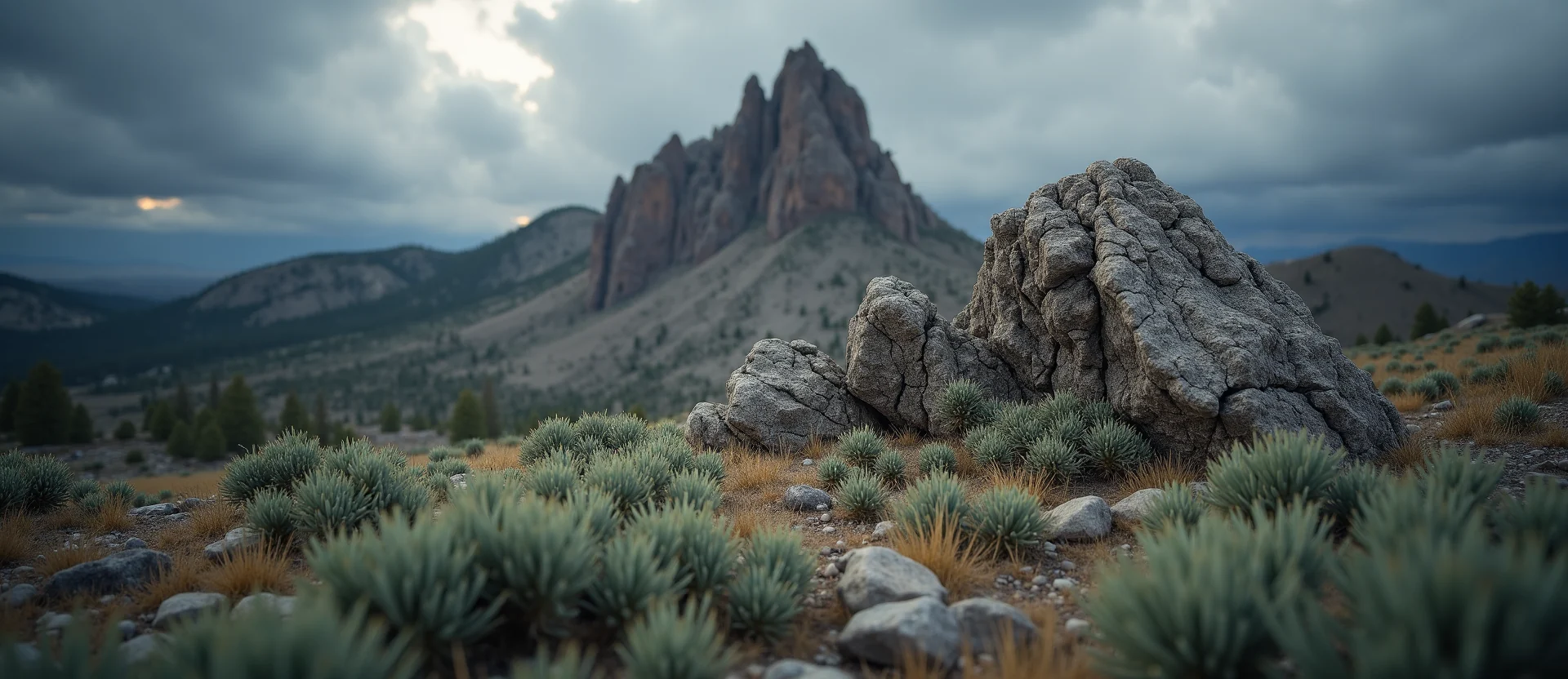 Symbolizing Stability/Peak: A local Sagebrush (Artemisia tridentata) jagged granite peak. - AI Generated