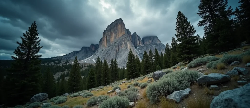 Symbolizing Stability/Peak: A local Ponderosa Pine jagged granite peak. - AI Generated