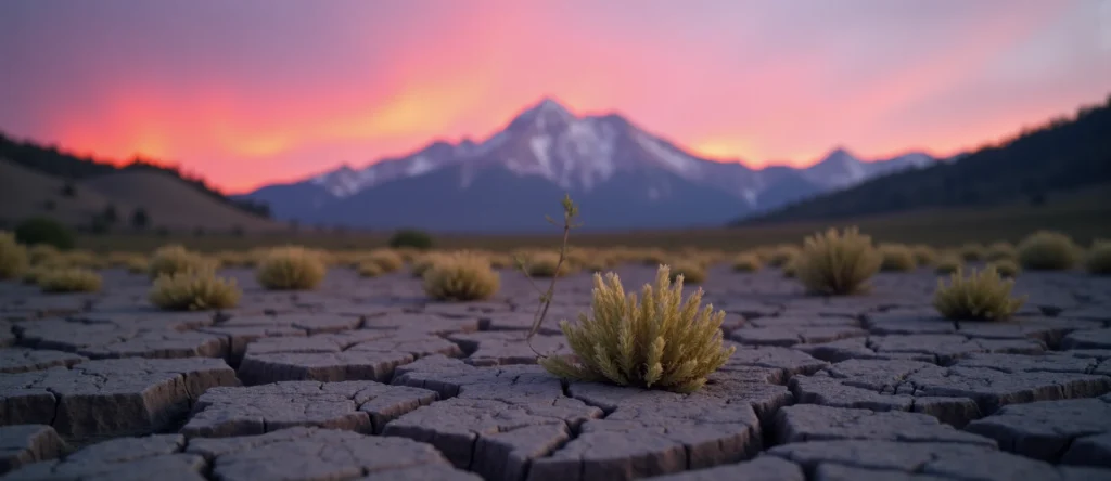 Symbolizing Seed/New Beginning: A local Rabbitbrush shoot emerging from cracked soil. - AI Generated