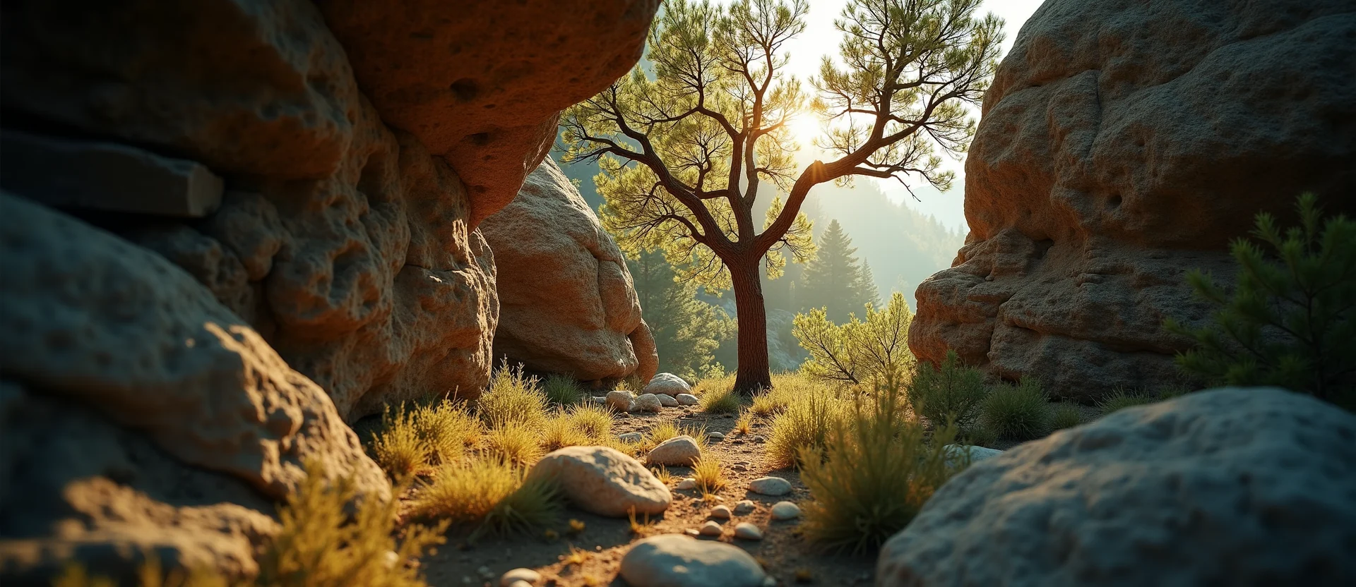 Symbolizing Growth/Resilience: A local Rabbitbrush tree growing out of a rock cleft. - AI Generated