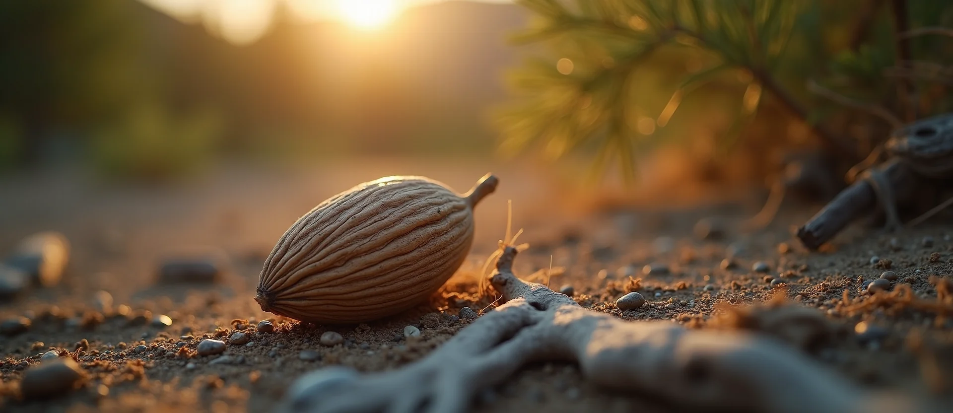 Symbolizing Seed/New Beginning: A local Ponderosa Pine single pine seed on dry earth. - AI Generated