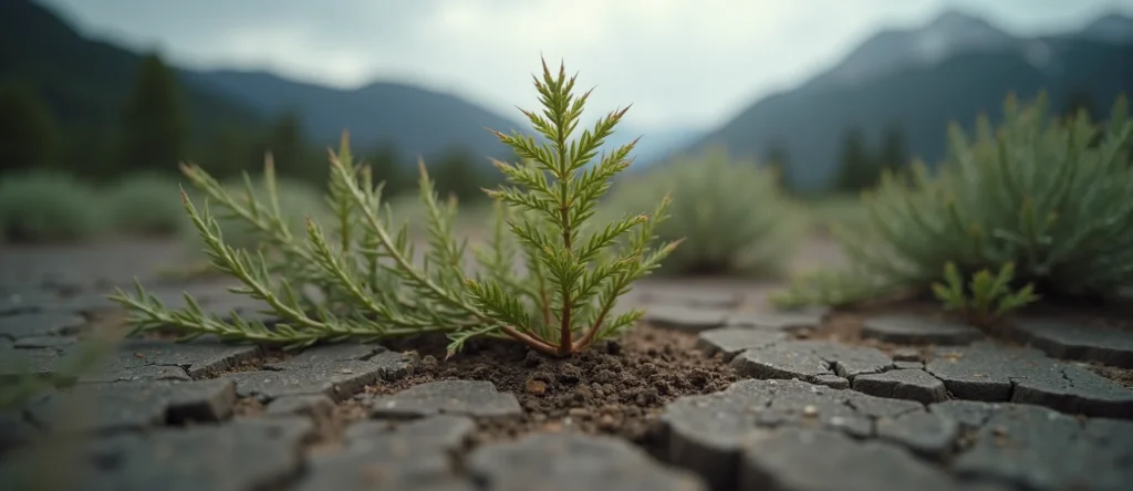 Symbolizing Seed/New Beginning: A local Indian Paintbrush shoot emerging from cracked soil. - AI Generated