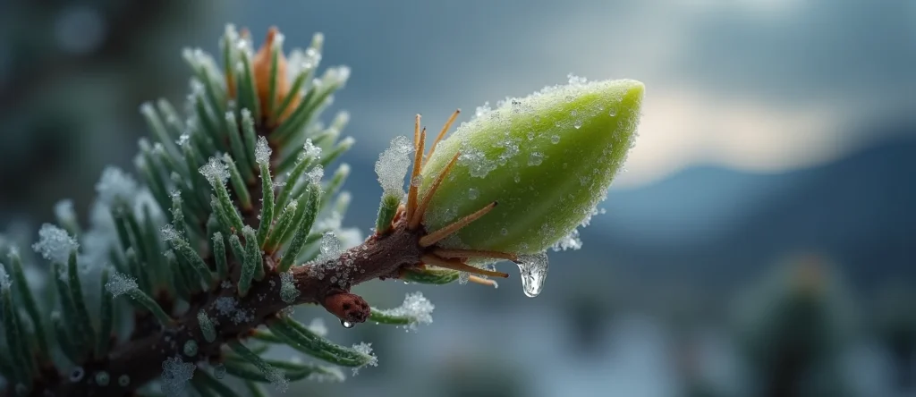 Symbolizing Seed/New Beginning: A local Sierra Juniper new green bud on a branch. - AI Generated