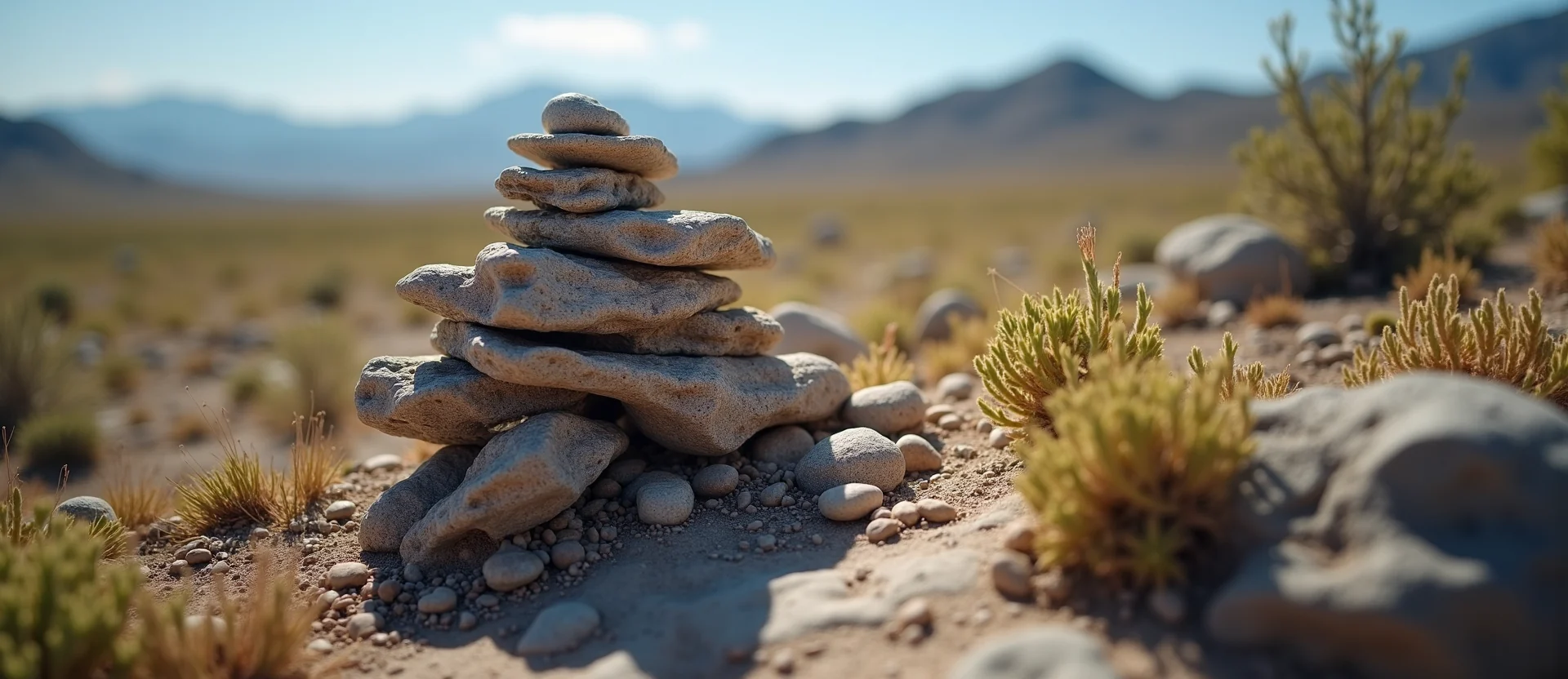 Symbolizing Stability/Peak: A local Sagebrush (Artemisia tridentata) ancient rock cairn. - AI Generated