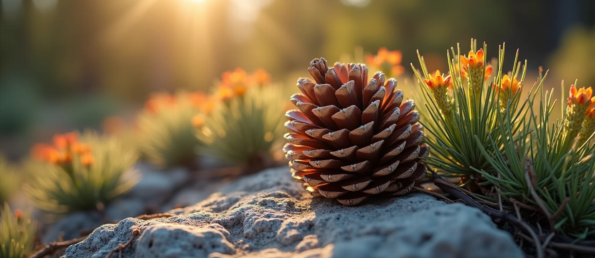 Symbolizing Seed/New Beginning: A local Indian Paintbrush opening pine cone. - AI Generated