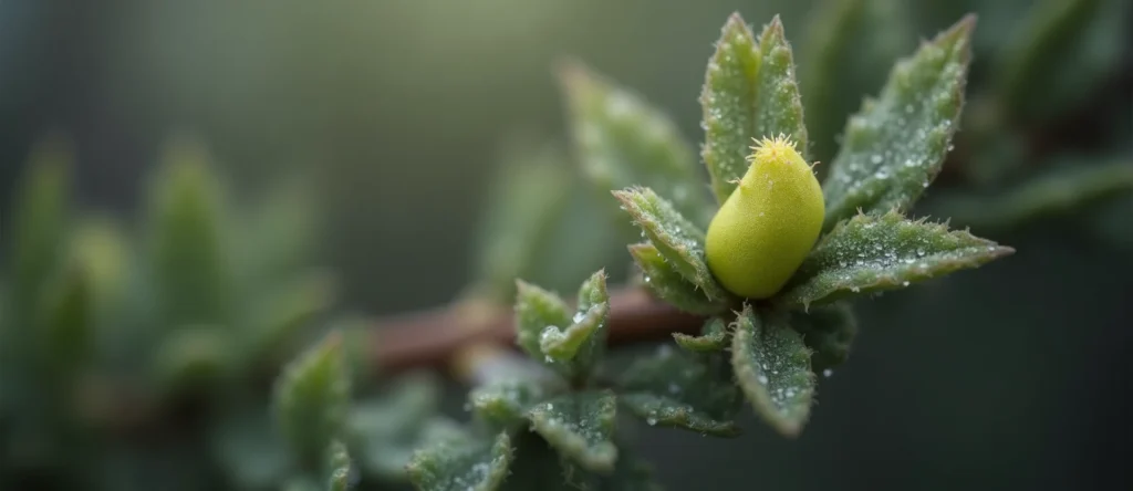 Symbolizing Seed/New Beginning: A local Ponderosa Pine new green bud on a branch. - AI Generated
