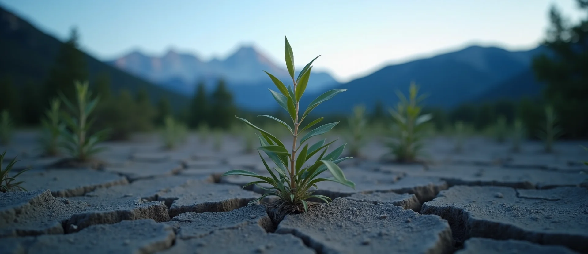 Symbolizing Seed/New Beginning: A local Sierra Juniper shoot emerging from cracked soil. - AI Generated