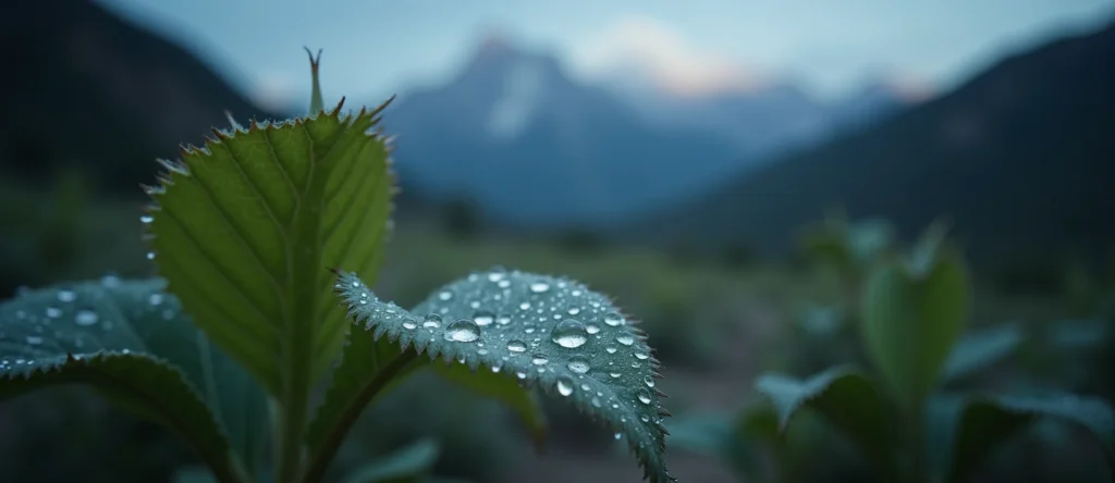 Symbolizing Flow/Cleansing: A local Quaking Aspen raindrops on desert leaves. - AI Generated