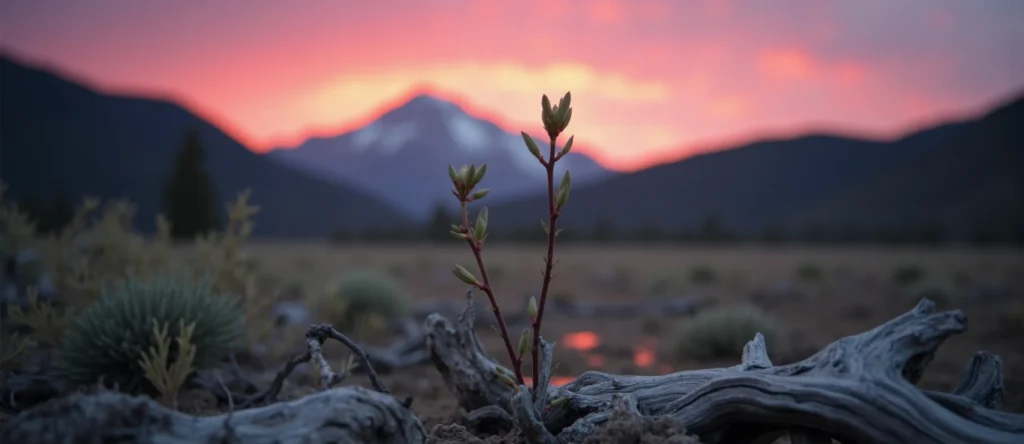 Symbolizing Seed/New Beginning: A local Bitterbrush new green bud on a branch. - AI Generated