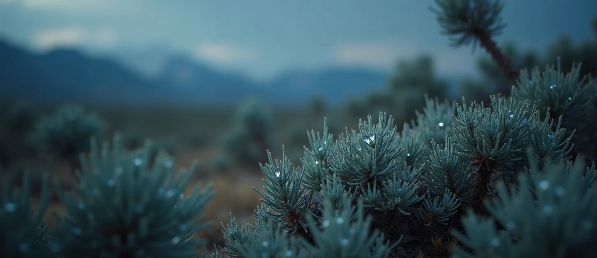 Symbolizing Flow/Cleansing: A local Sierra Juniper raindrops on desert leaves. - AI Generated