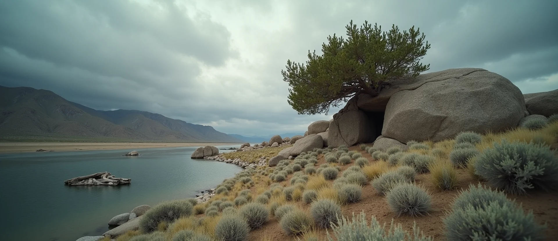 Symbolizing Growth/Resilience: A local Rabbitbrush tree growing out of a rock cleft. - AI Generated