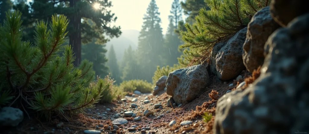 Symbolizing Flow/Cleansing: A local Ponderosa Pine raindrops on desert leaves. - AI Generated