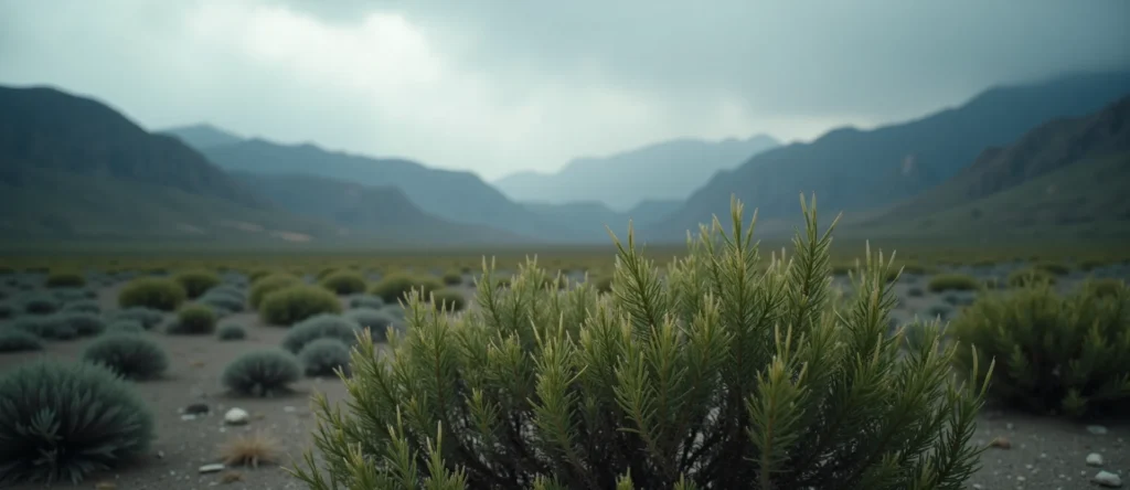 Symbolizing Flow/Cleansing: A local Bitterbrush raindrops on desert leaves. - AI Generated