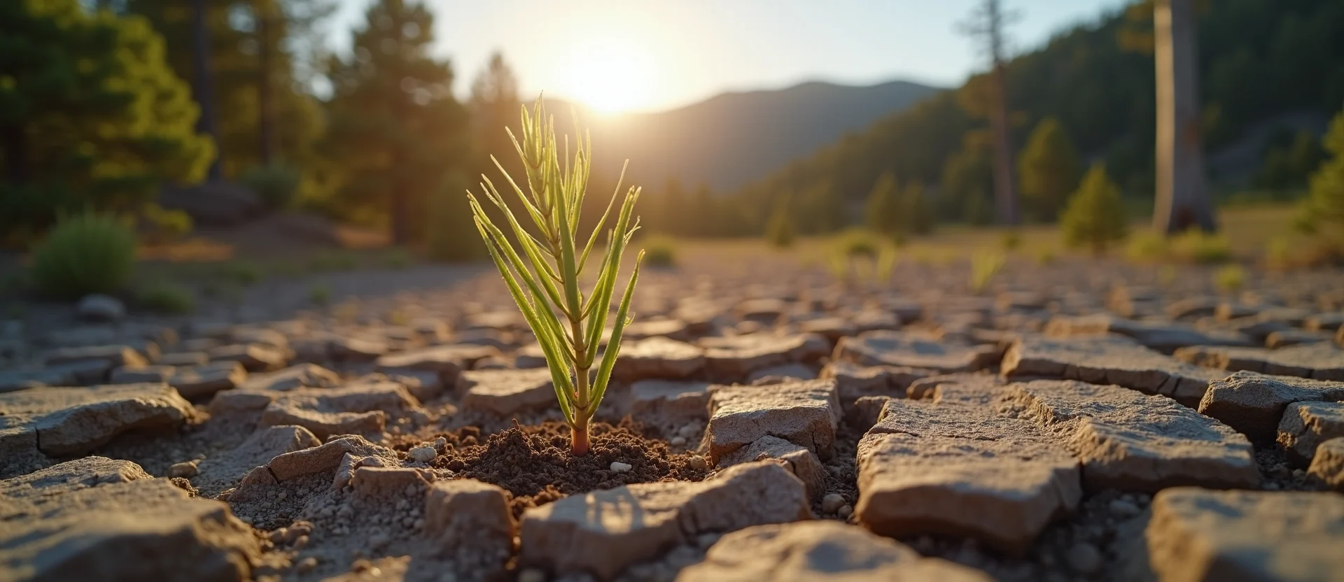Symbolizing Seed/New Beginning: A local Quaking Aspen shoot emerging from cracked soil. - AI Generated