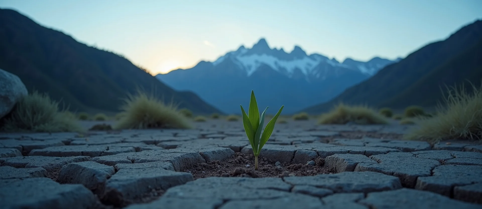 Symbolizing Seed/New Beginning: A local Mountain Mahogany shoot emerging from cracked soil. - AI Generated