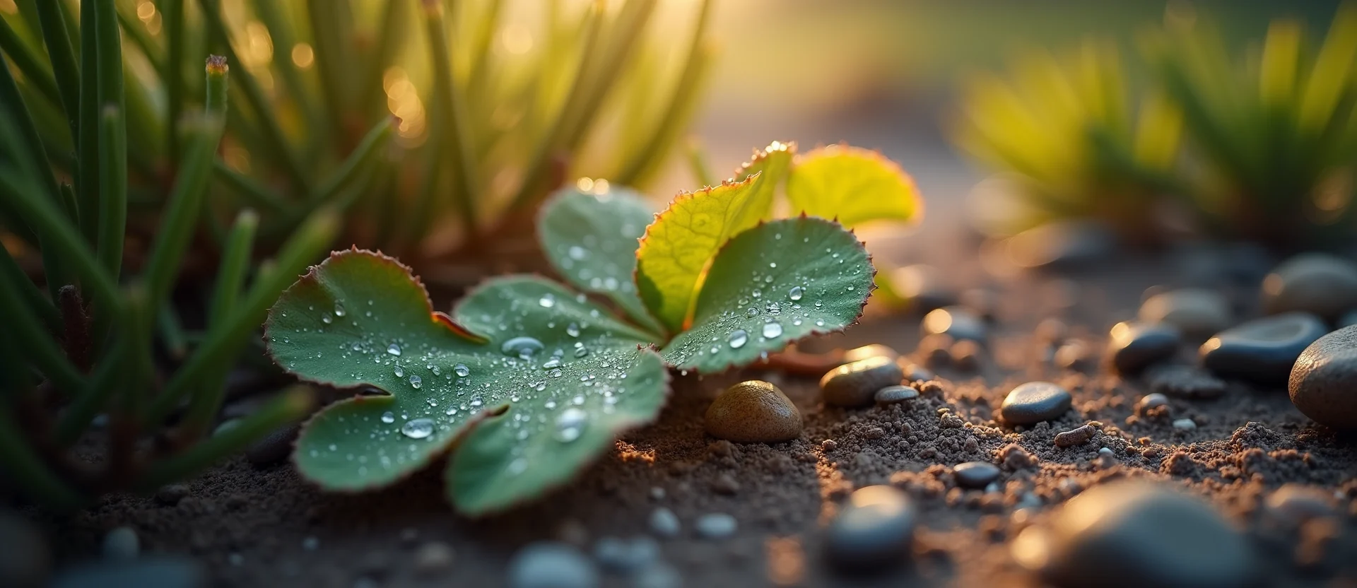 Symbolizing Flow/Cleansing: A local Manzanita raindrops on desert leaves. - AI Generated