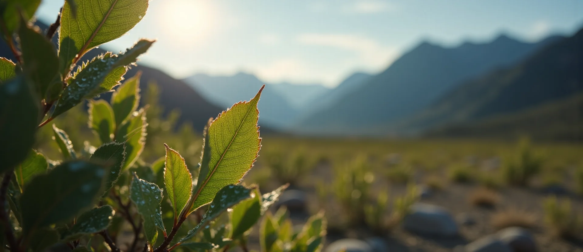 Symbolizing Flow/Cleansing: A local Manzanita raindrops on desert leaves. - AI Generated