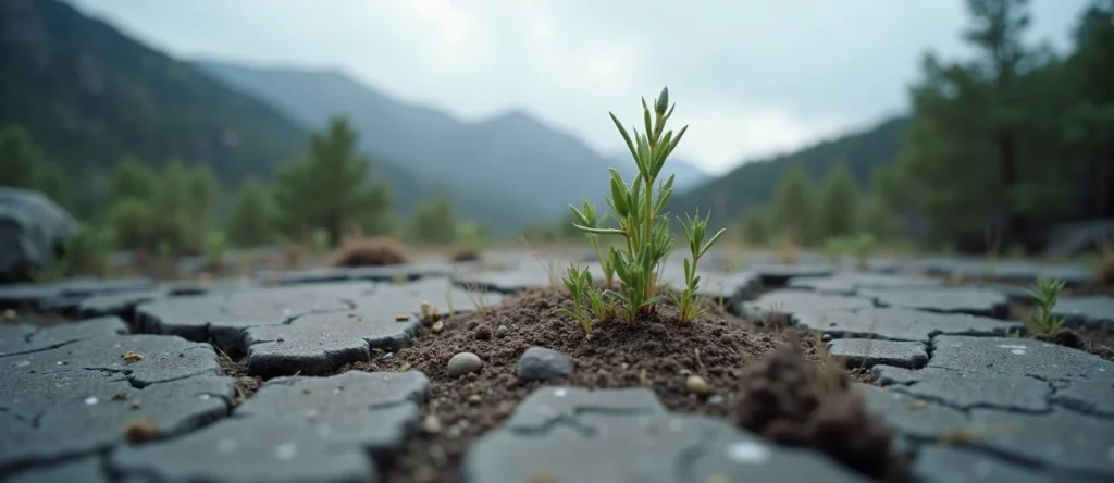 Symbolizing Seed/New Beginning: A local Mountain Mahogany shoot emerging from cracked soil. - AI Generated
