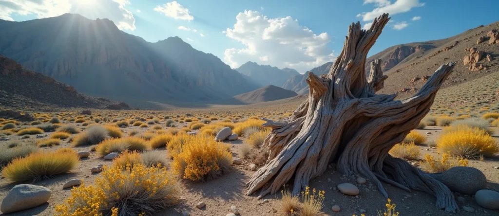 Symbolizing Growth/Resilience: A local Indian Paintbrush sturdy weathered tree trunk. - AI Generated