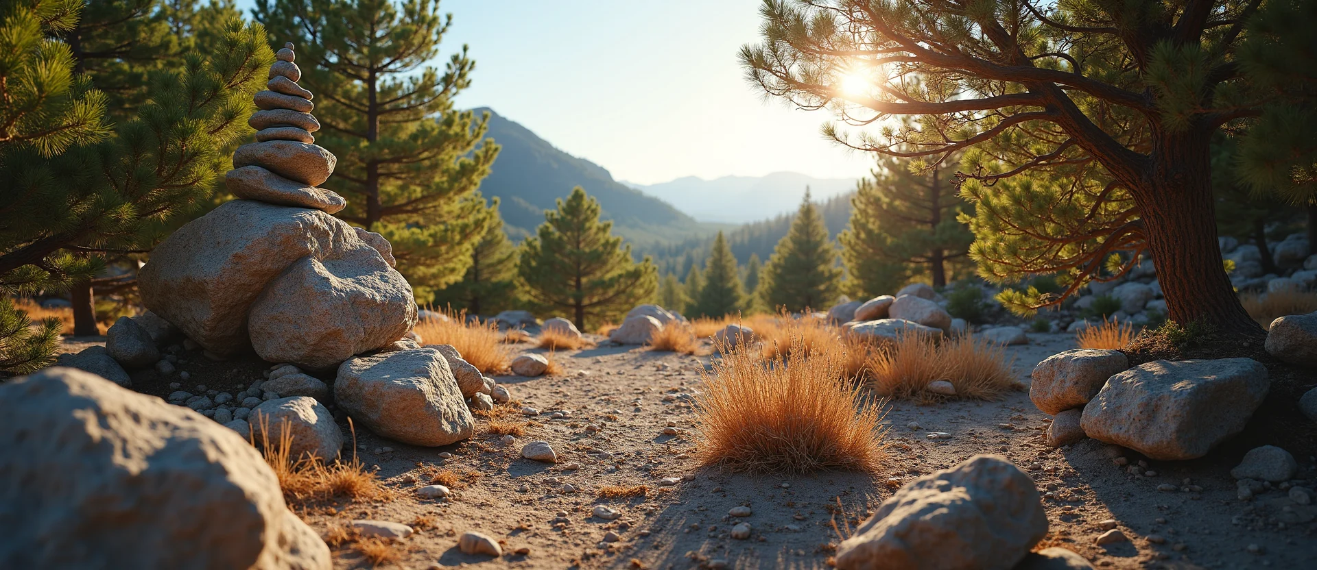 Symbolizing Stability/Peak: A local Sierra Juniper ancient rock cairn. - AI Generated