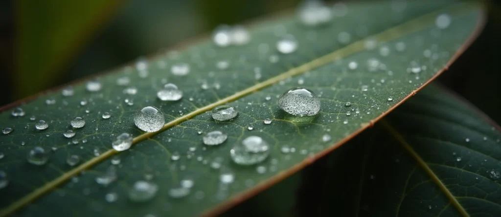 Symbolizing Flow/Cleansing: A local Mountain Mahogany raindrops on desert leaves. - AI Generated