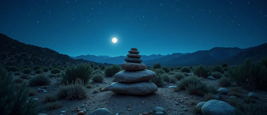 Symbolizing Stability/Peak: A local Desert Peach ancient rock cairn. - AI Generated