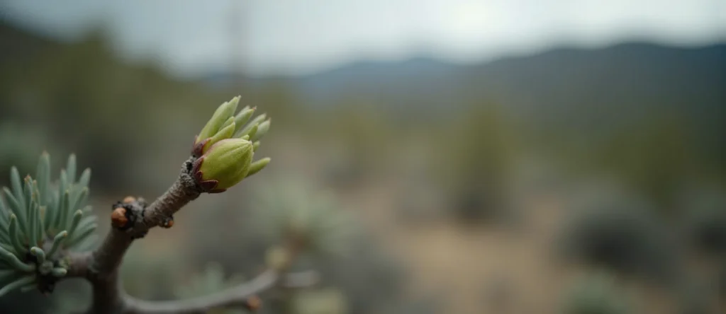 Symbolizing Seed/New Beginning: A local Manzanita new green bud on a branch. - AI Generated